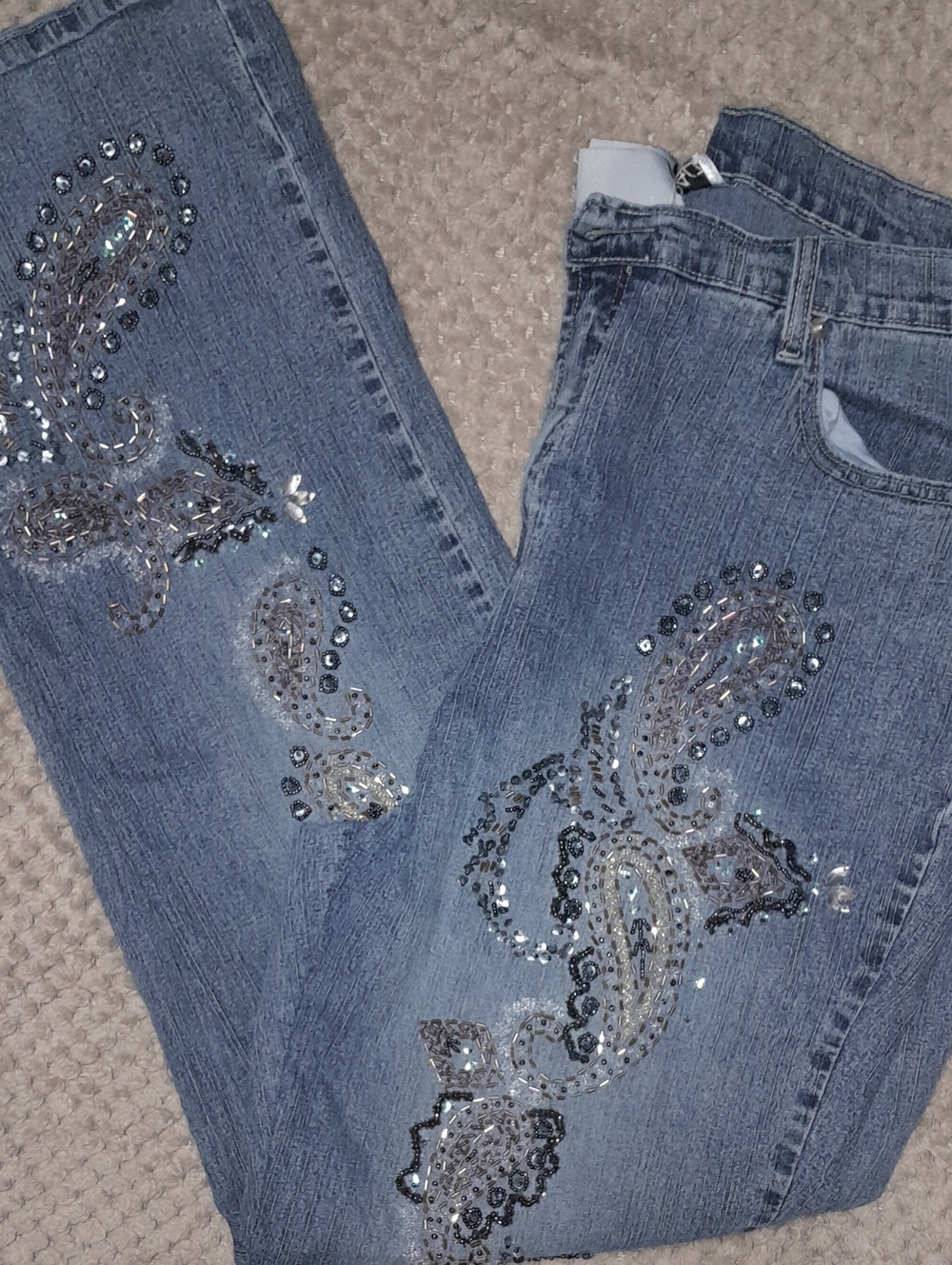 Denim 24/7 Sparkling Paisley Embellished Light Wash Jeans 18 Tall.